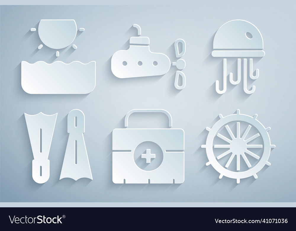 Set first aid kit jellyfish flippers Royalty Free Vector