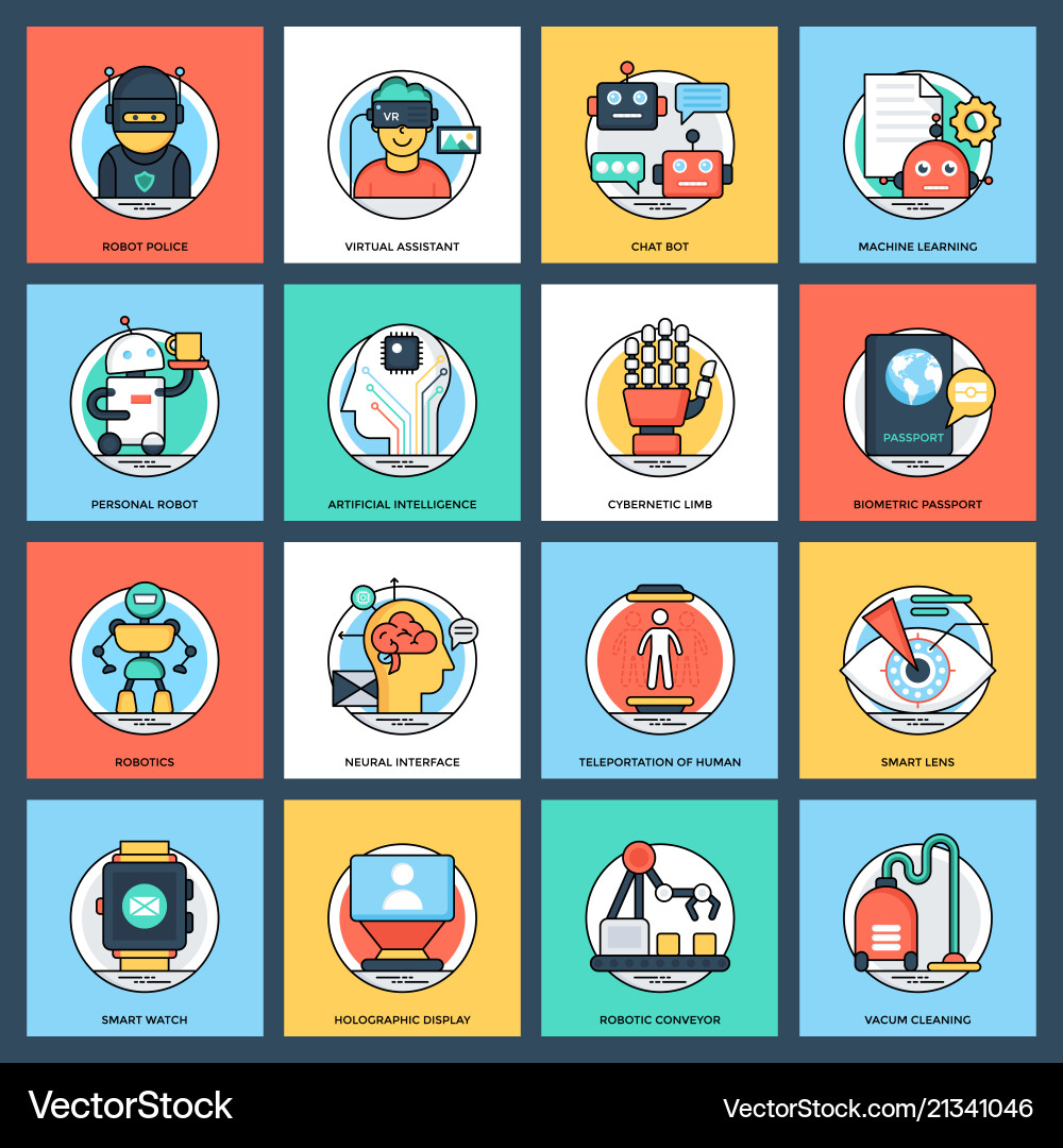 Pack artificial intelligence flat icons Royalty Free Vector