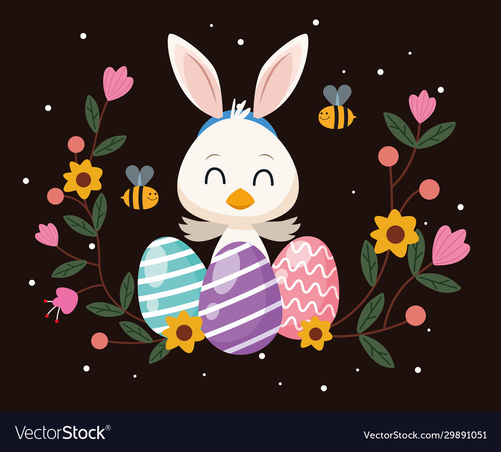 Happy easter card with little duck and ears rabbit