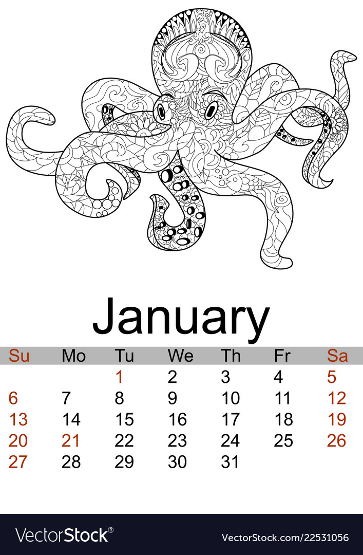 Calendar january 2019 year antistress coloring