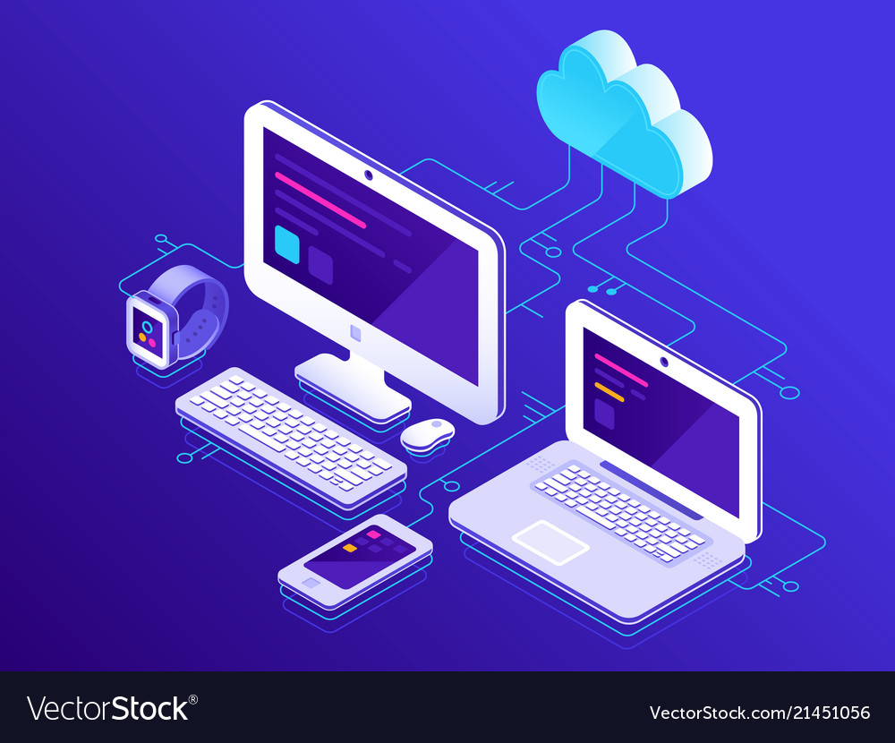 Cloud storage computer devices connected to data Vector Image
