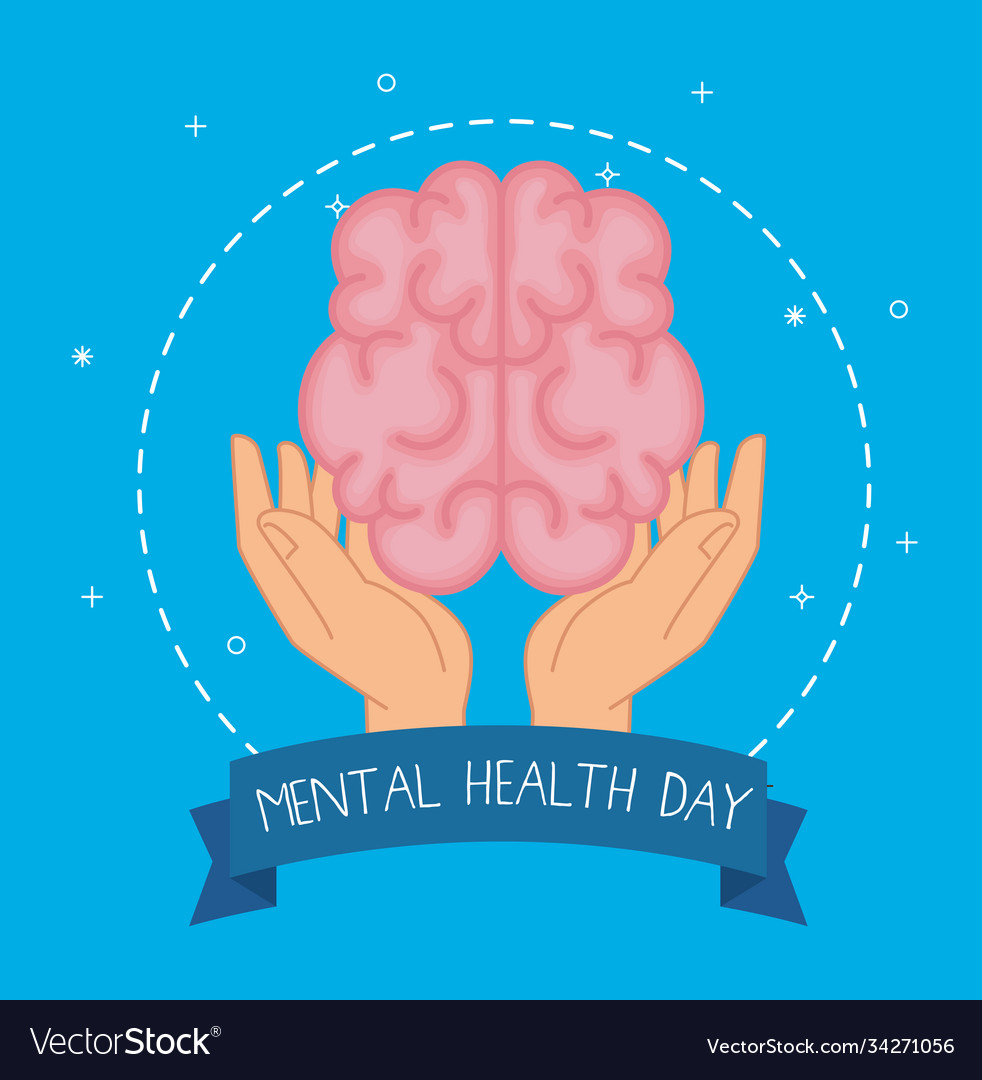 Mental health day with brain over hands Royalty Free Vector