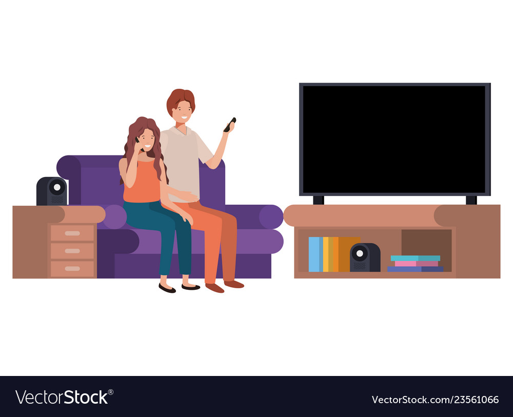 Couple sitting in the living room with smartphone Vector Image