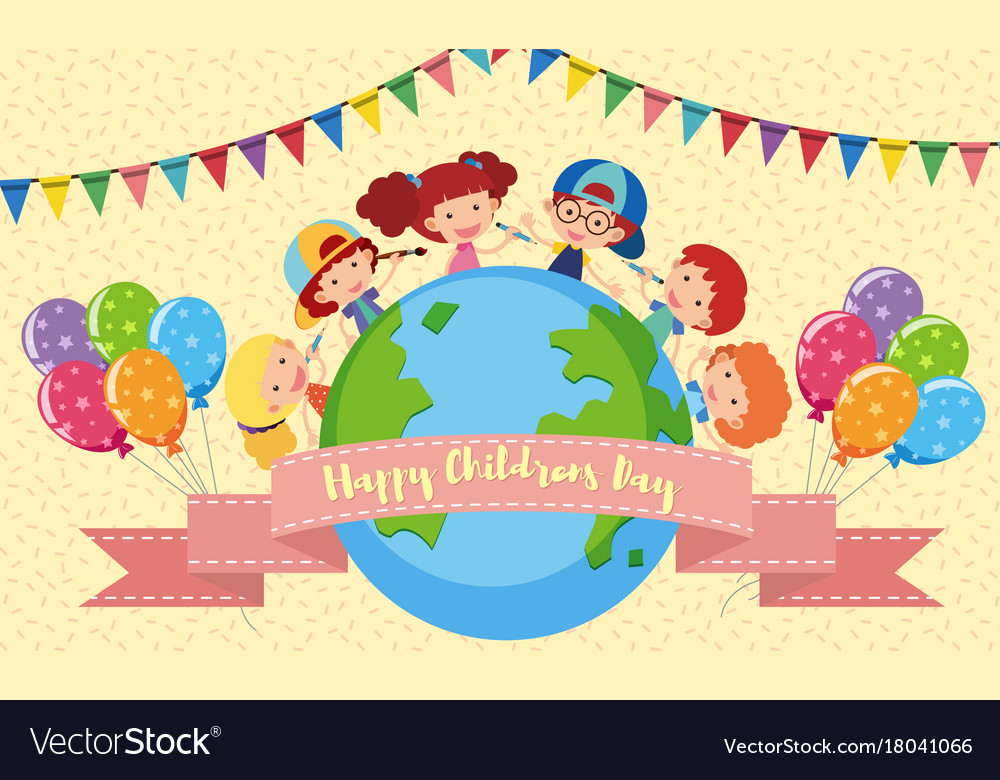 happy childrens day poster with kids and balloons kids event poster