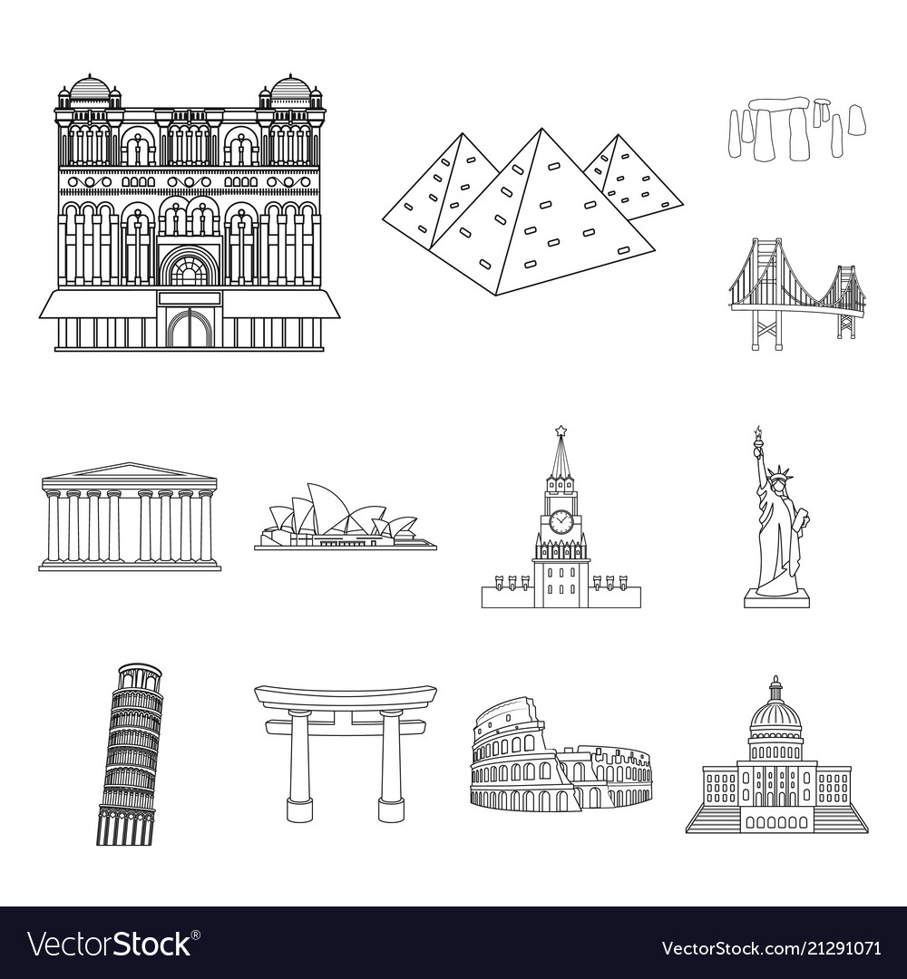 Sights of different countries outline icons in set