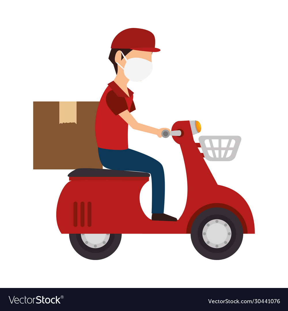 Delivery worker using face mask in motorcycle