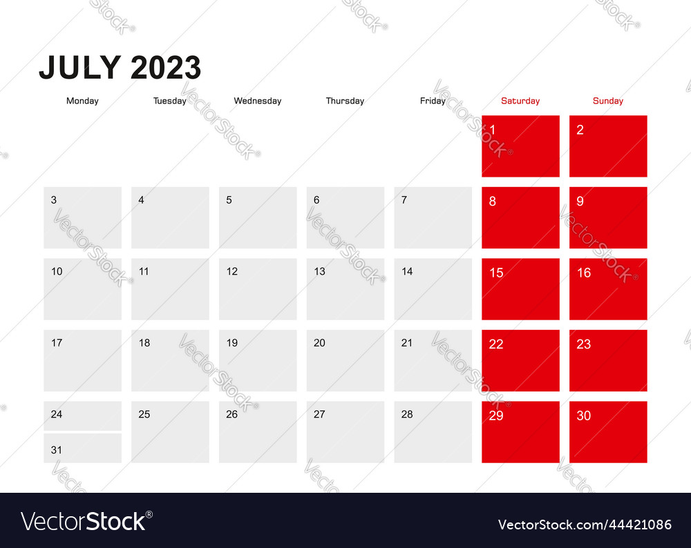 2023 july planner calendar design week starts Vector Image