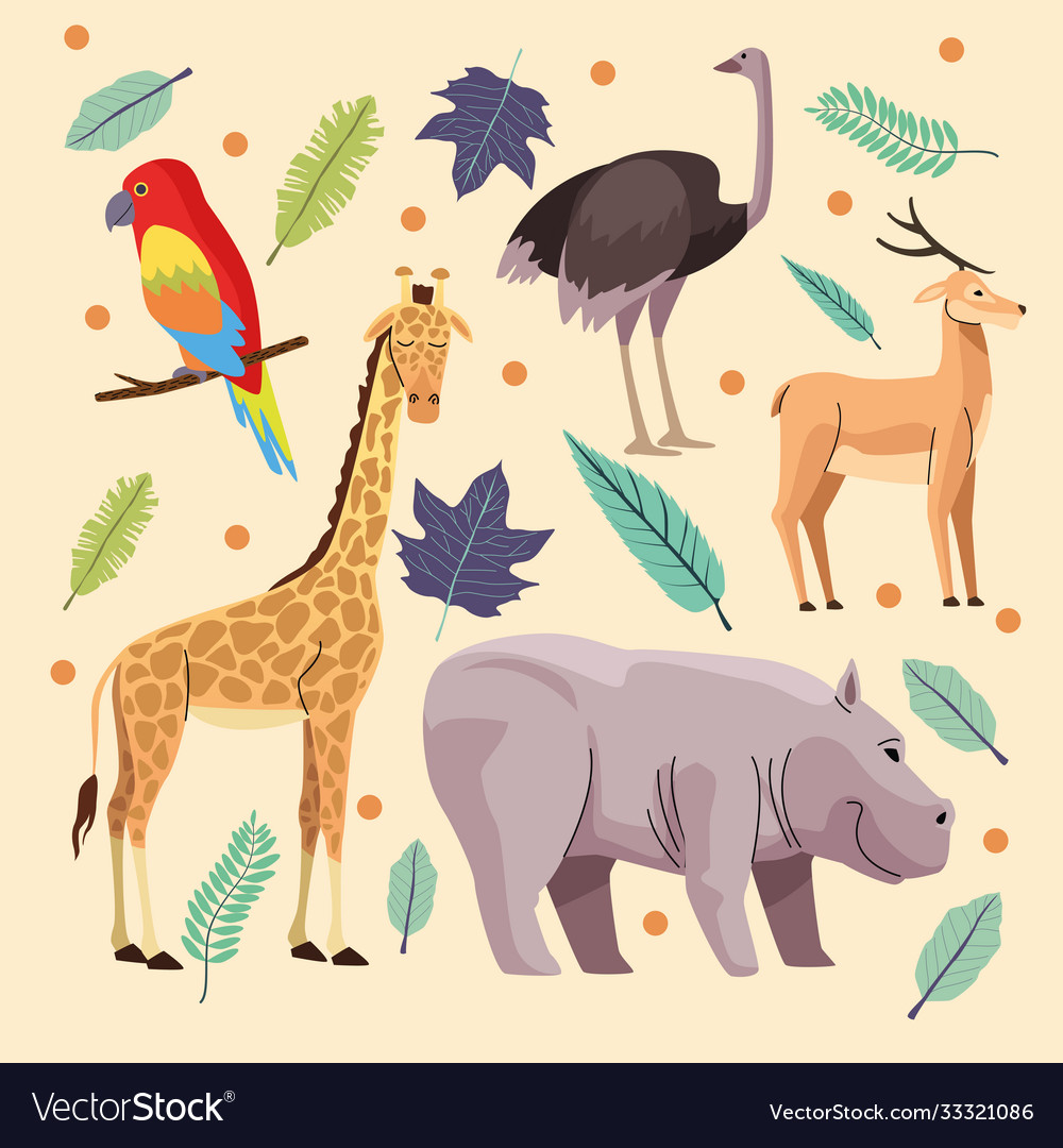 Bundle wild animals group and leafs scene Vector Image