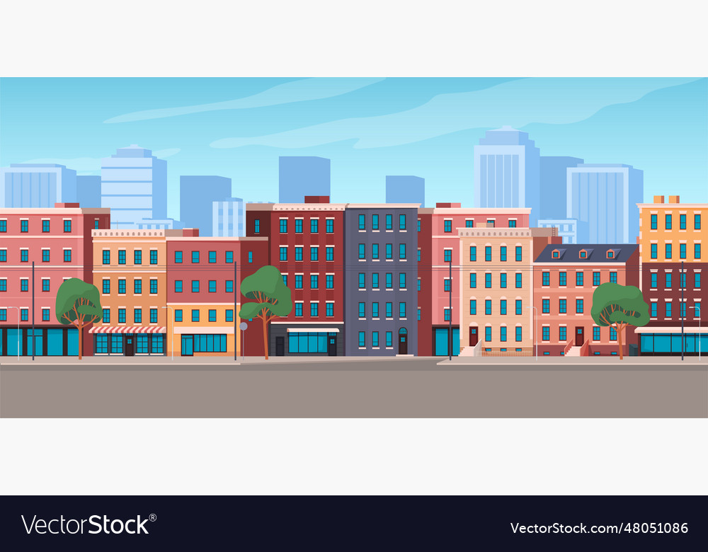 Panorama Of City High-rise Buildings With Shops Vector Image