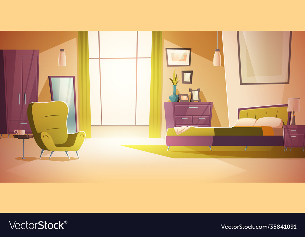 Bedroom interior cartoon double bed wardrobe Vector Image