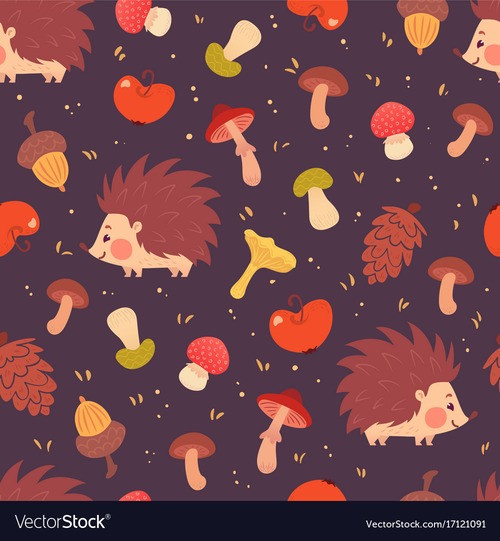 Cute hedgehogs and mushrooms seamless pattern Vector Image