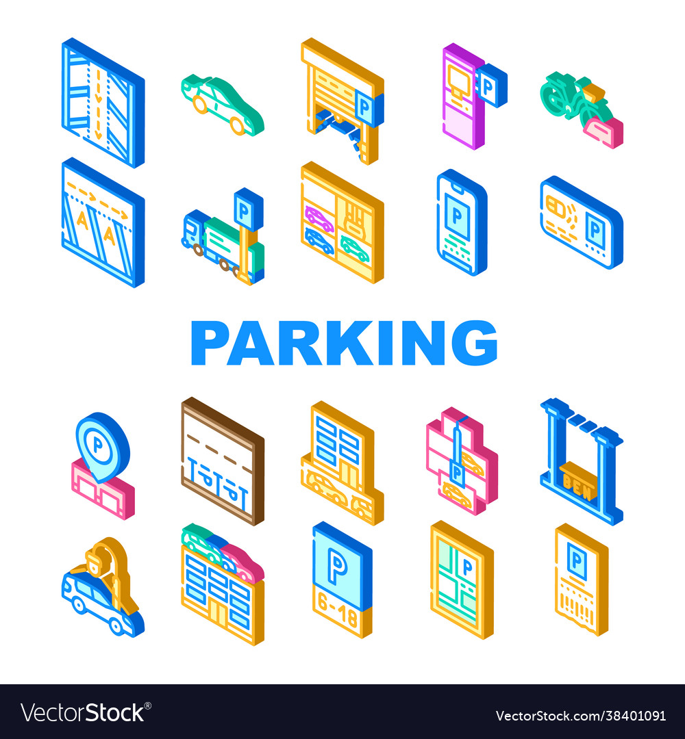 Parking transport collection icons set Royalty Free Vector