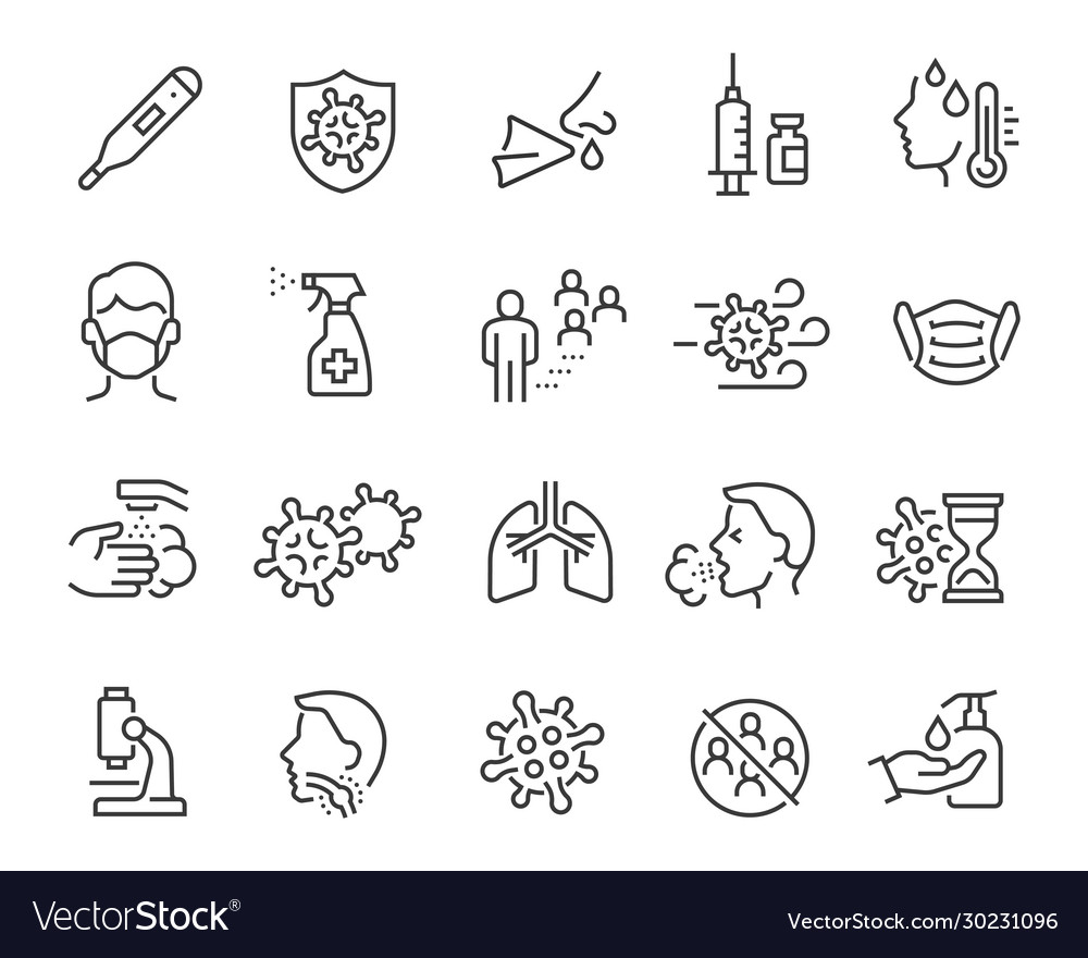 Flu icons set medical mask flu virus symptoms Vector Image