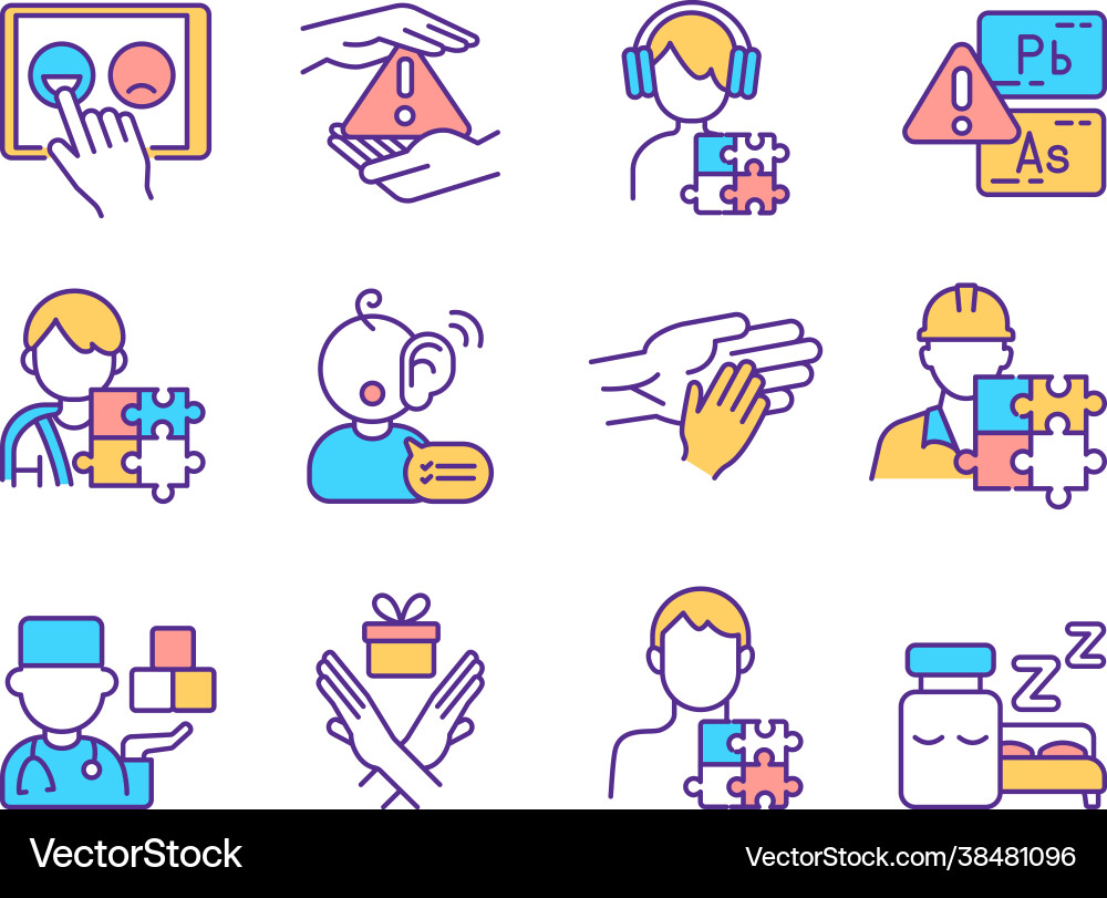 Neurodevelopmental disorders rgb color icons set Vector Image