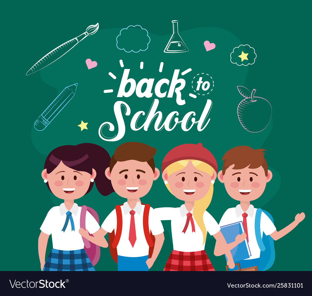 Girls and boys students with backpack pencil Vector Image