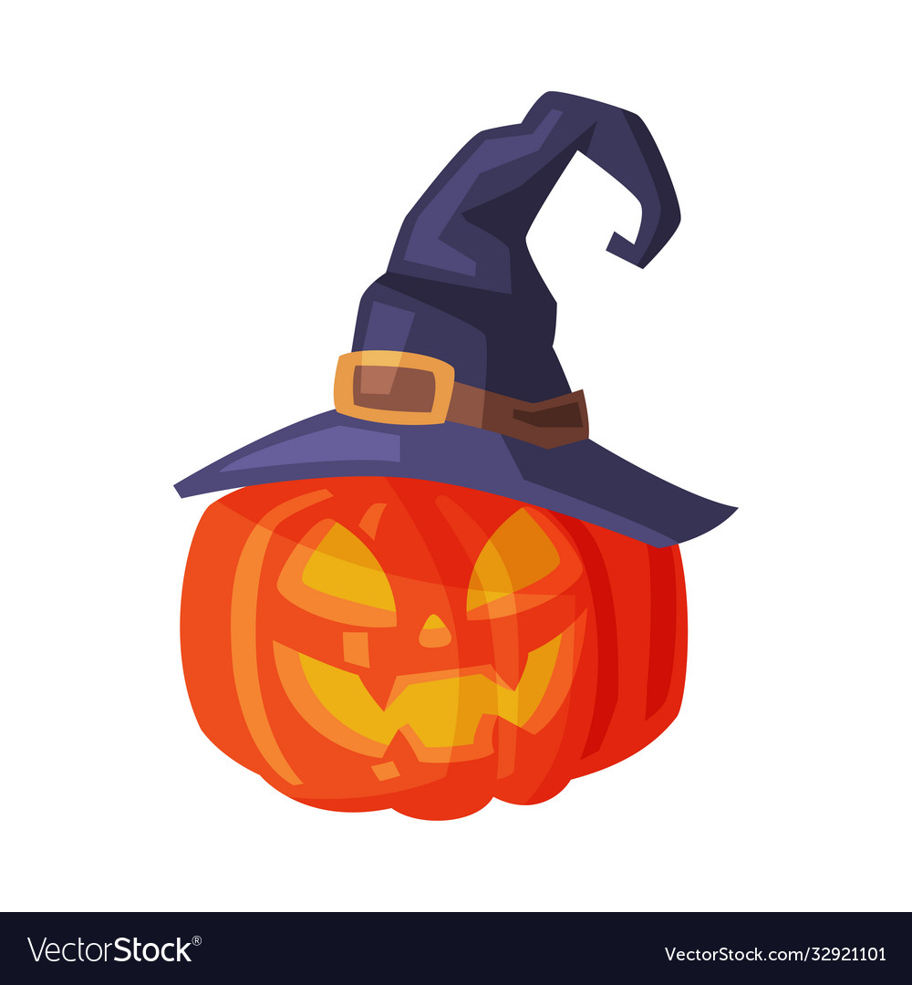 Halloween scary pumpkin in black witch hat spooky