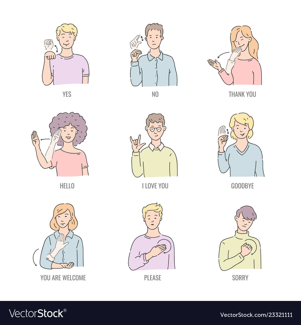 Deaf English Basic Words In Line Art Isolated On Vector Image Deaf English Basic Words In Line Art Isolated On Vector Image