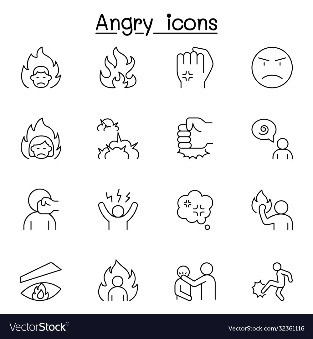 Angry icon set in thin line style Royalty Free Vector Image