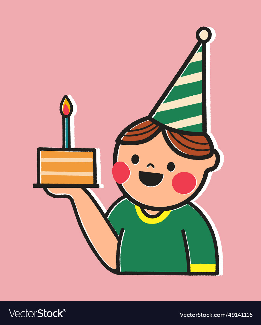 Birthday card with cartoon boy holding a cake Vector Image