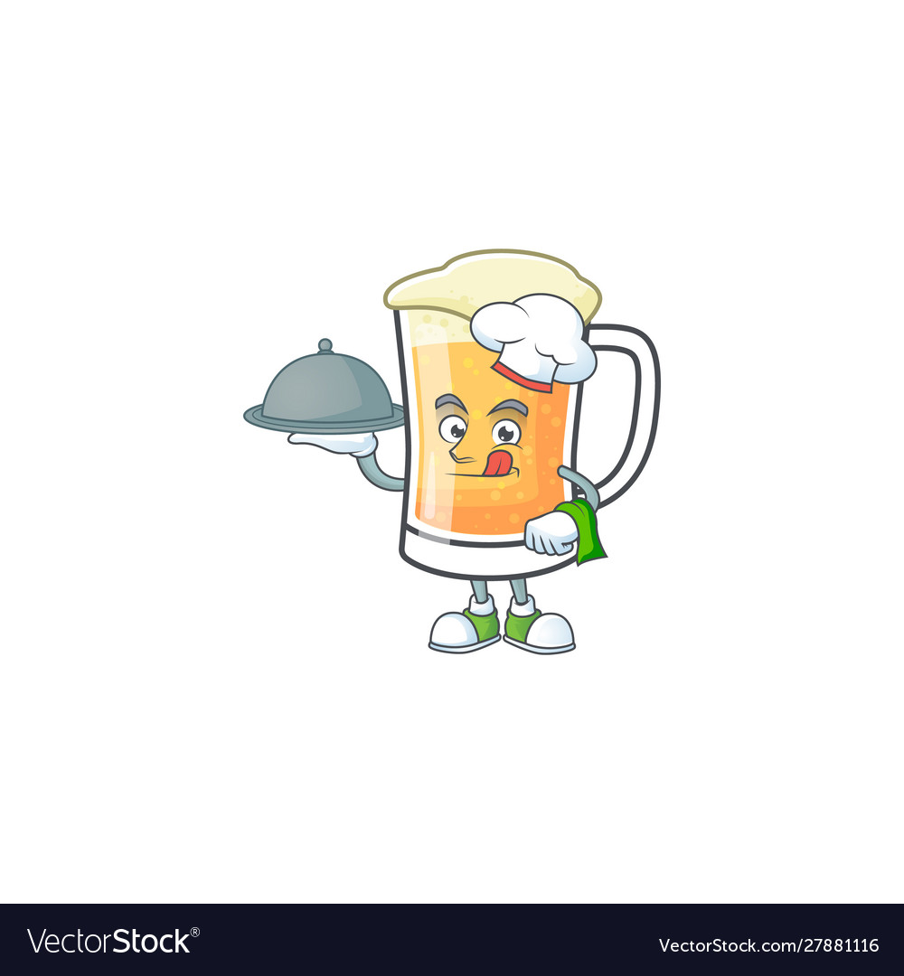 Mug beer alcohol in chef holding food cartoon Vector Image