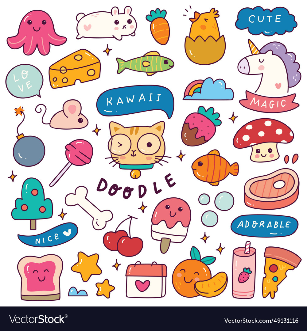 Set of kawaii cartoon doodle design elements Vector Image