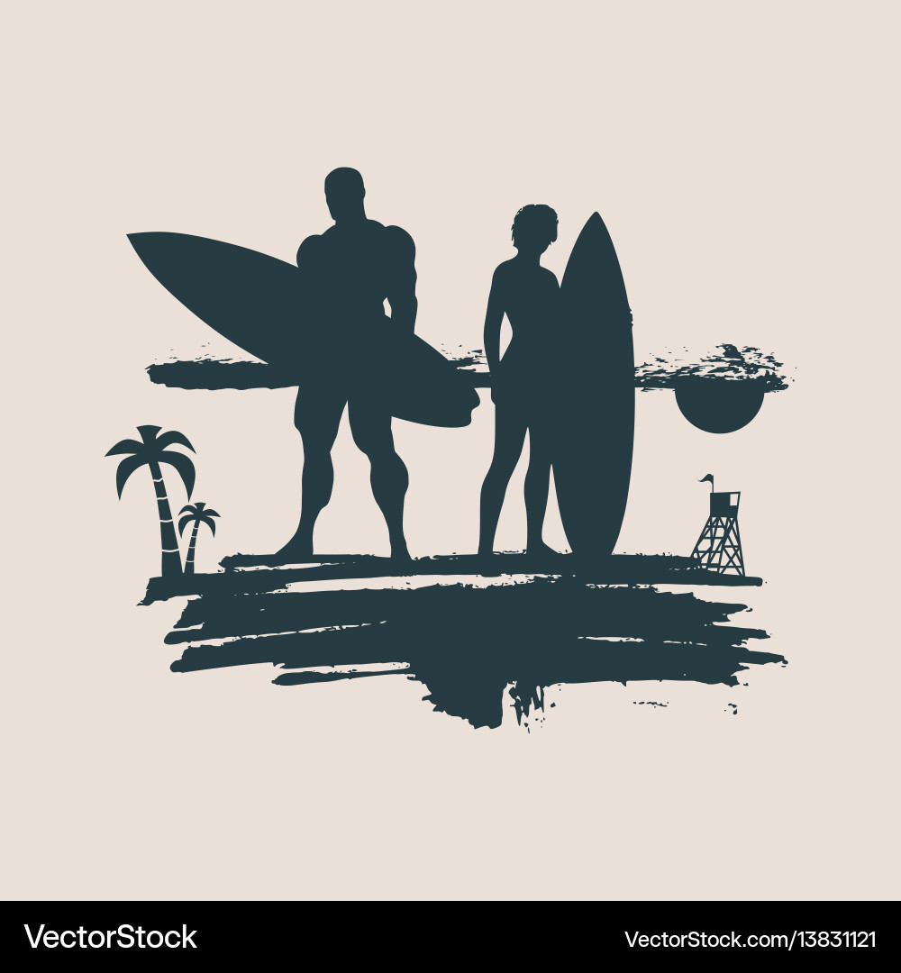 Lady and man posing with surfboard Royalty Free Vector Image