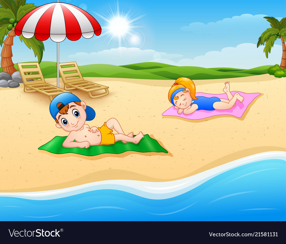 Kids sunbathing on beach mat Royalty Free Vector Image