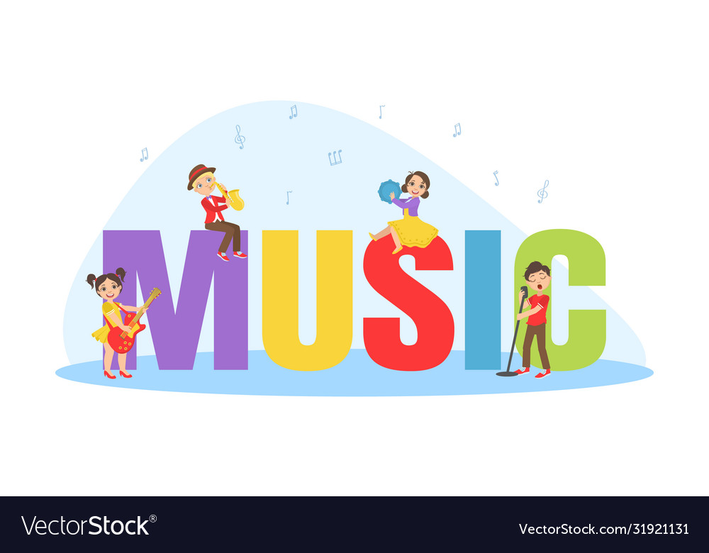 Music big word with cute children playing musical Vector Image