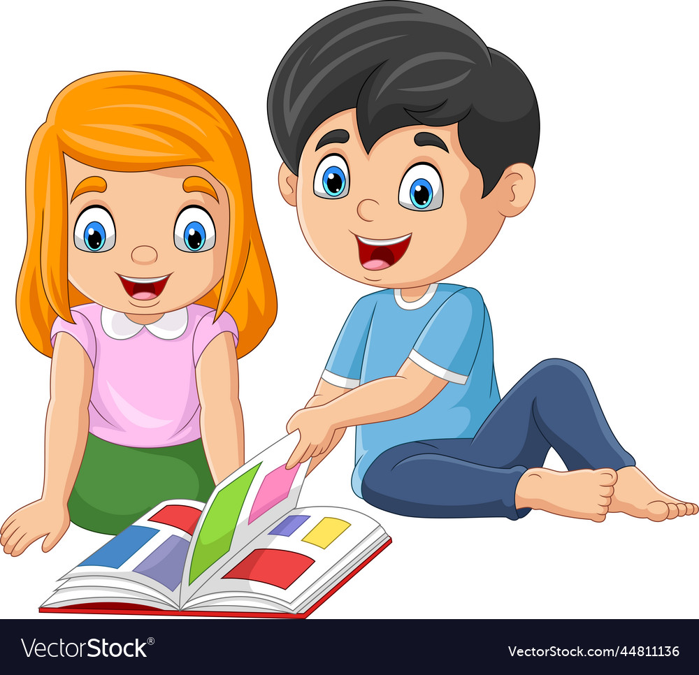 Cartoon happy children reading a book Royalty Free Vector