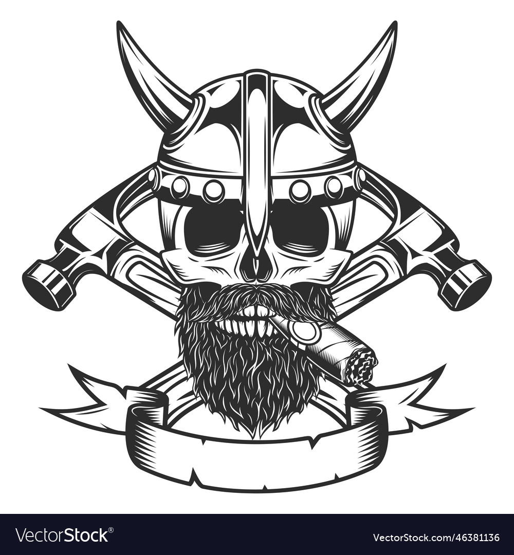 Viking skull smoking cigar with hammer and ribbon Vector Image