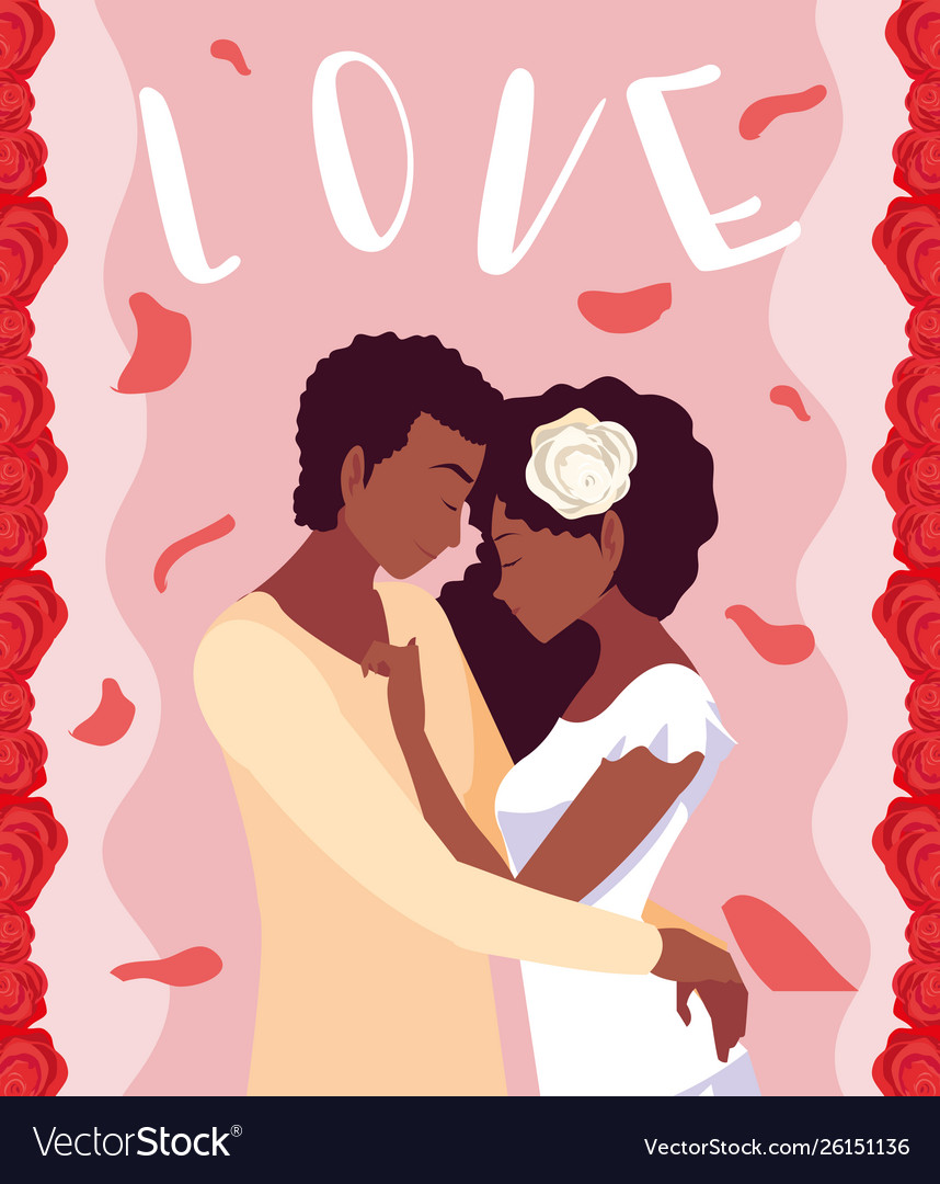 Young couple afro in love poster with roses Vector Image