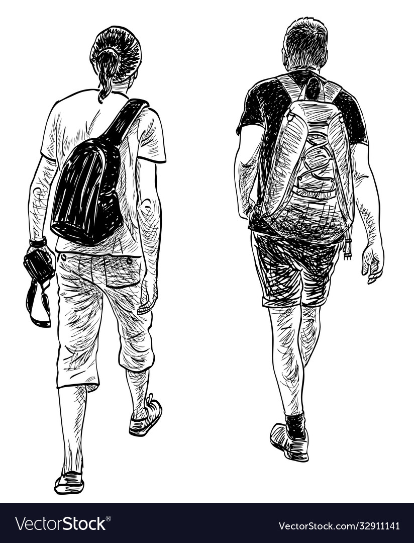 Sketch tourists men going on a stroll Royalty Free Vector