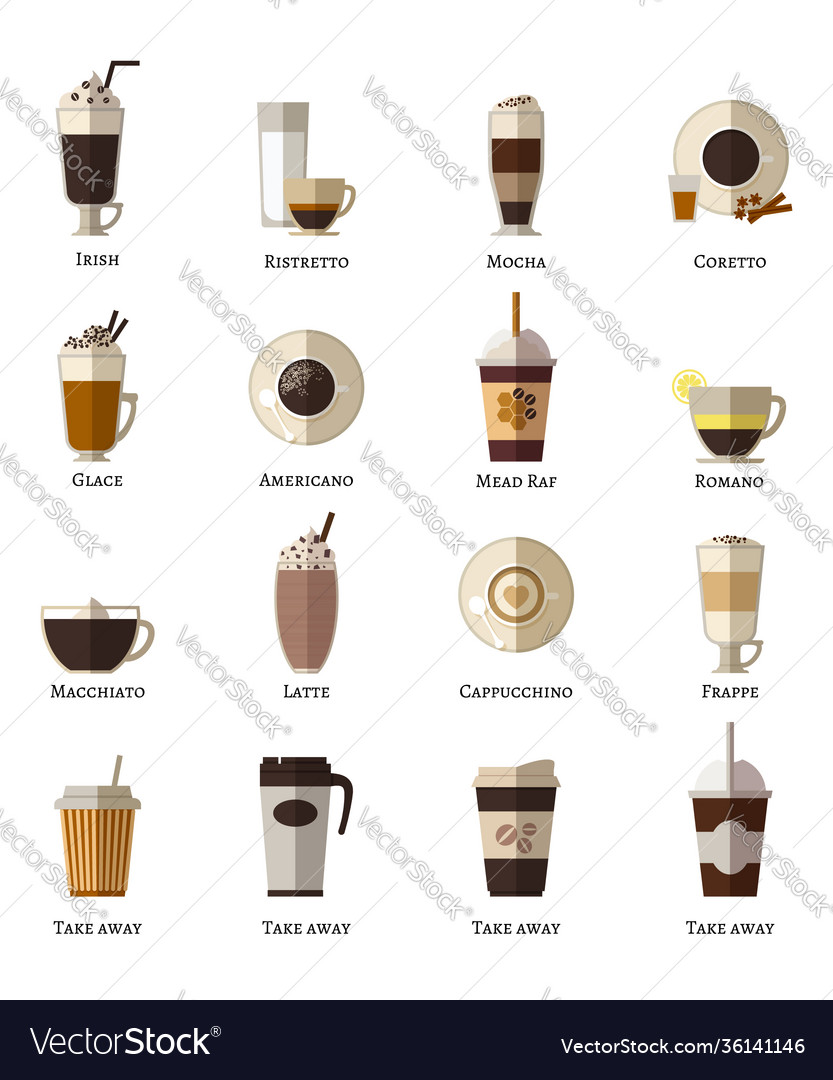 Coffee types flat icons set Royalty Free Vector Image