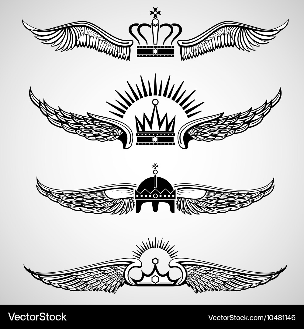 Wings with crowns emblems set Royalty Free Vector Image