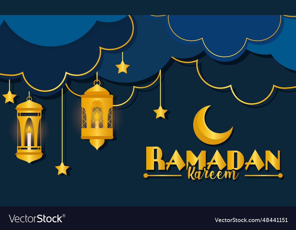 Clouds with golden moon and arab lanterns Vector Image