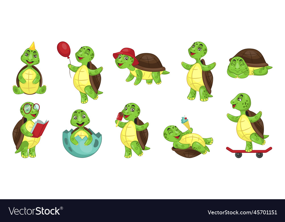 Cute Walking Turtle Tortoise Activities Happy Vector Image