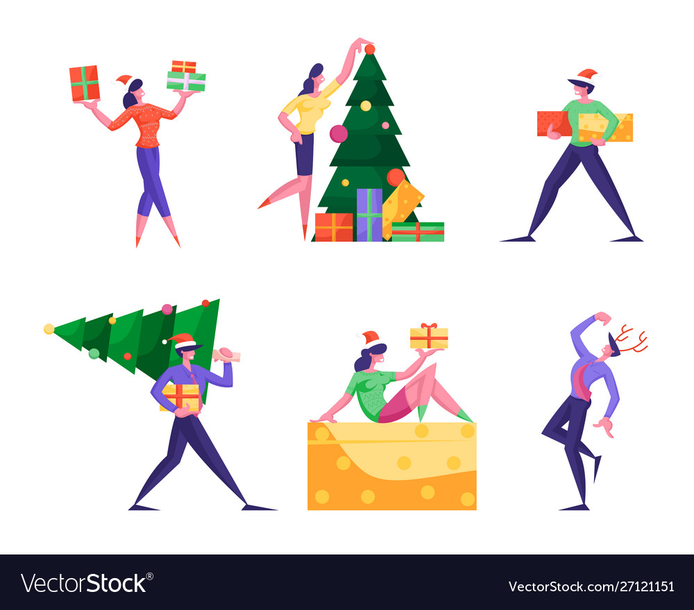 Set cute happy tiny people celebrating new year Vector Image