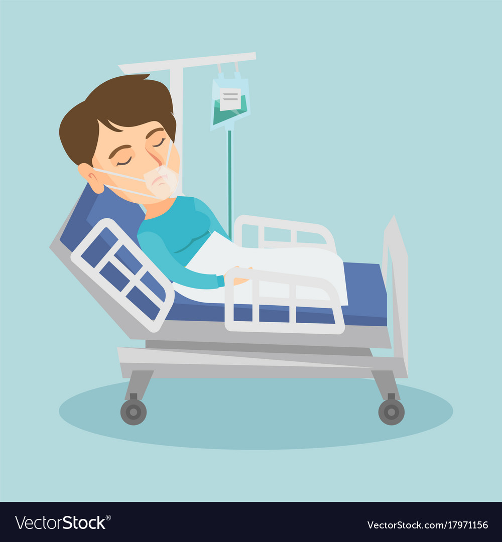 Patient lying in hospital bed with oxygen mask Vector Image