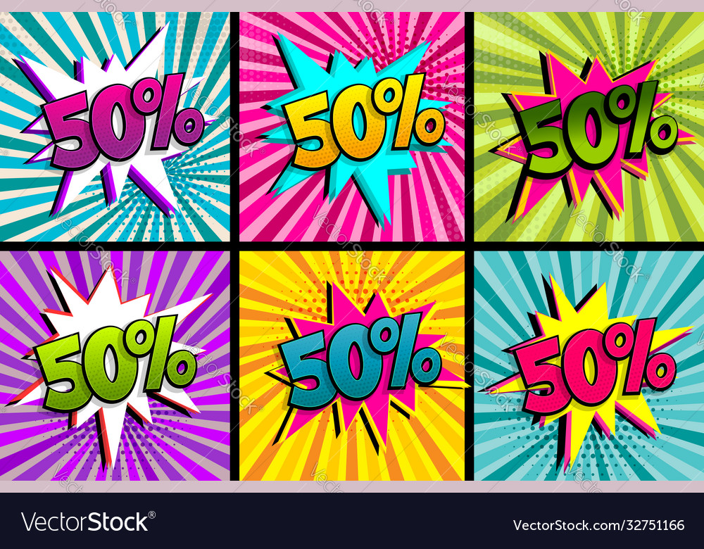 Comic text 50 percent sale set discount Royalty Free Vector