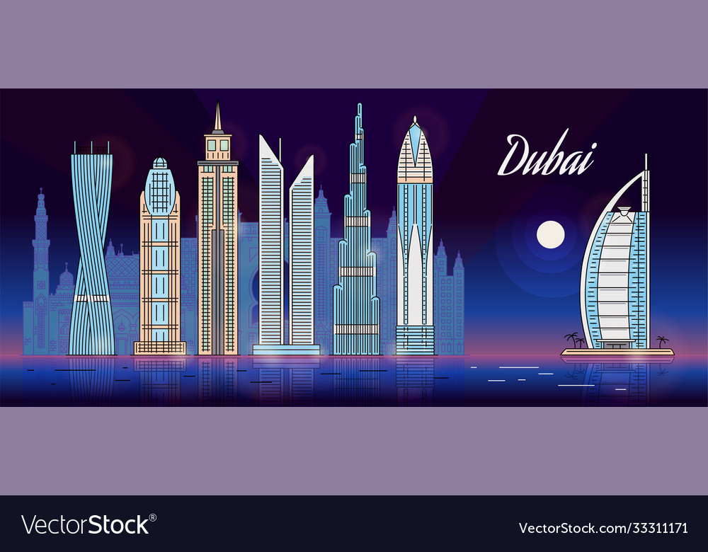 Night Dubai Skyline Banner With Landmark Buildings