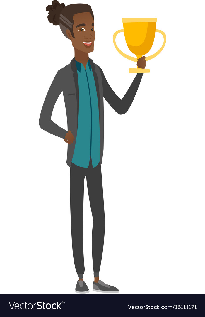 Young african-american man holding a trophy Vector Image