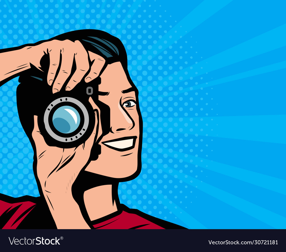 Happy man with camera photographer retro comic Vector Image