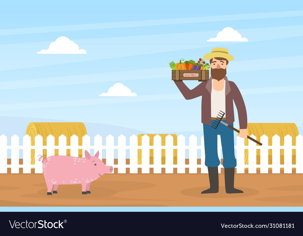 Male farmer holds box vegetables autumn rural Vector Image