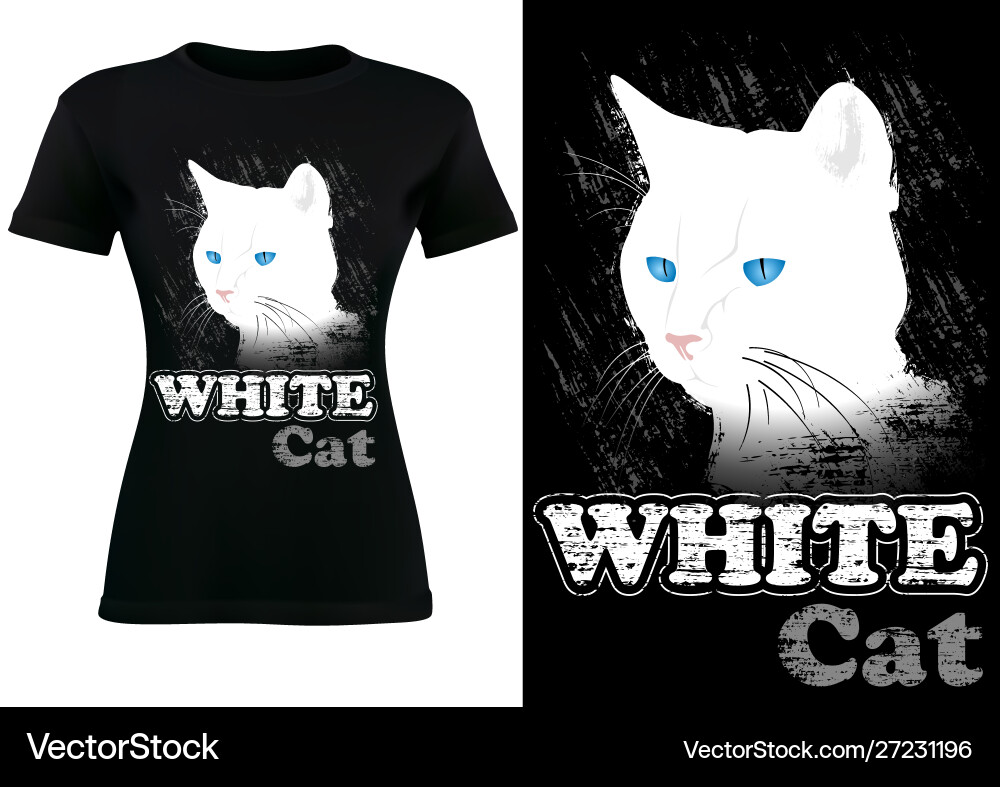 Black tshirt design with white cat Royalty Free Vector