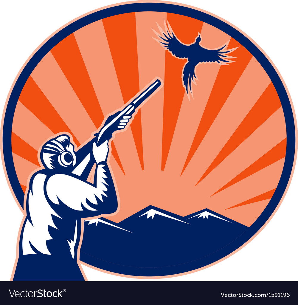 Hunter aiming shotgun rifle at bird pheasant Vector Image