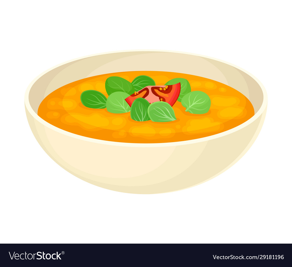 Thick pea soup with spinach served in deep bowl Vector Image