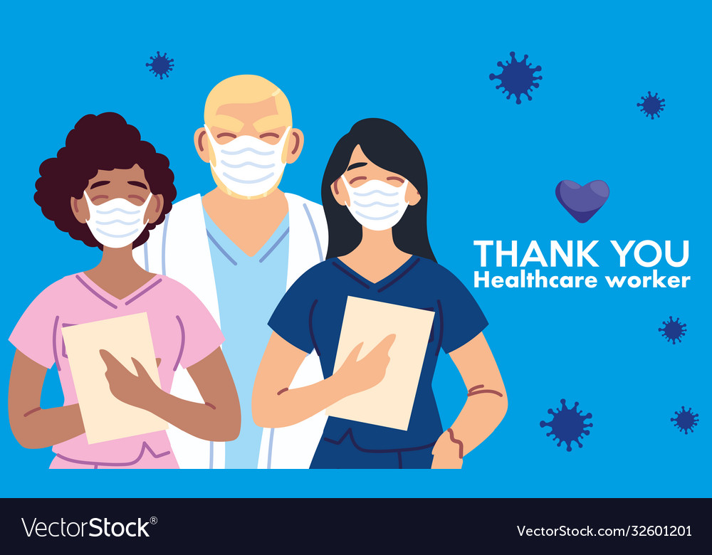 Man and women doctors with masks thank you Vector Image