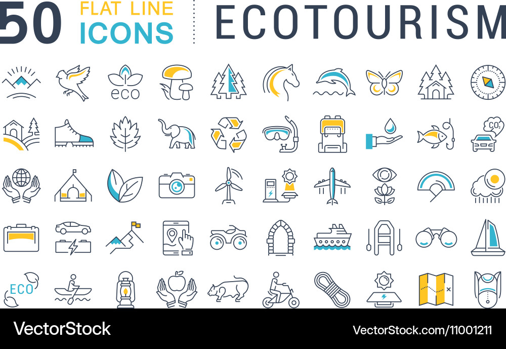Set flat line icons ecotourism Royalty Free Vector Image