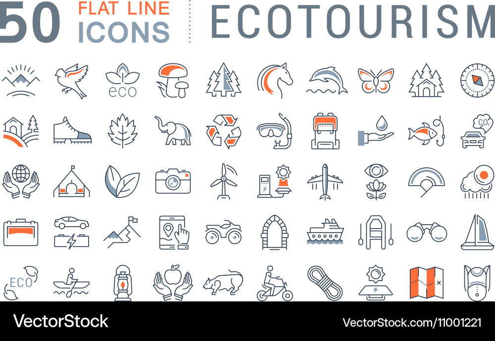 Set flat line icons ecotourism Royalty Free Vector Image