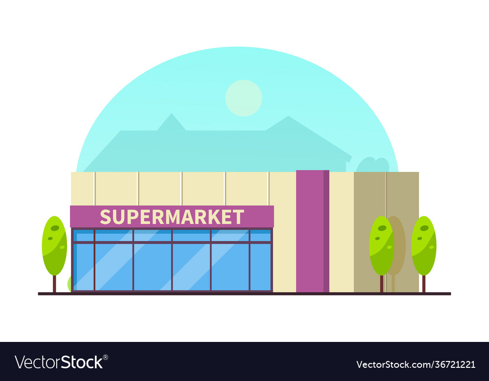 Supermarket building in front view and summer